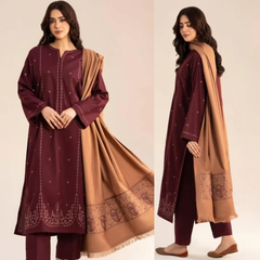Sapphire - 3PC Dhanak Embroidered Shirt With Wool Embroidered Dupatta and Trouser - Sw1510
