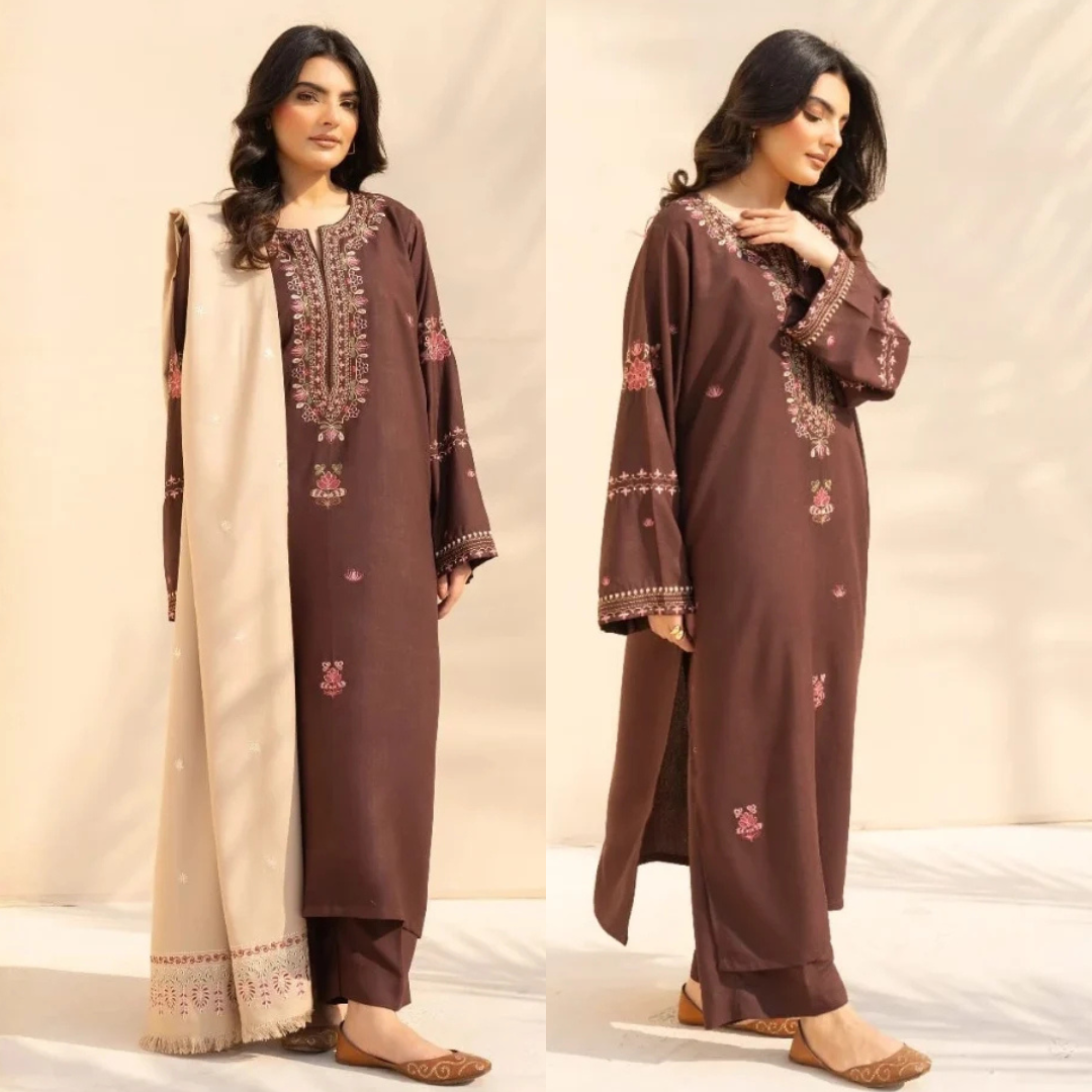 3PC Dhanak Embroidered Shirt With Wool Printed Dupatta and Trouser - Sw1511