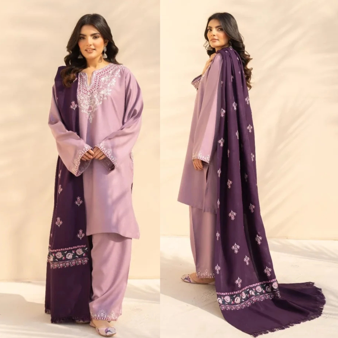 3PC Dhanak Embroidered Shirt With Wool Embroidered Dupatta and Trouser - Sw1512