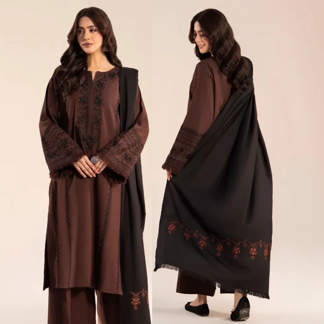 Lazuli - 3PC Dhanak Embroidered Shirt With Wool Embroidered Dupatta and Trouser - Sw1513
