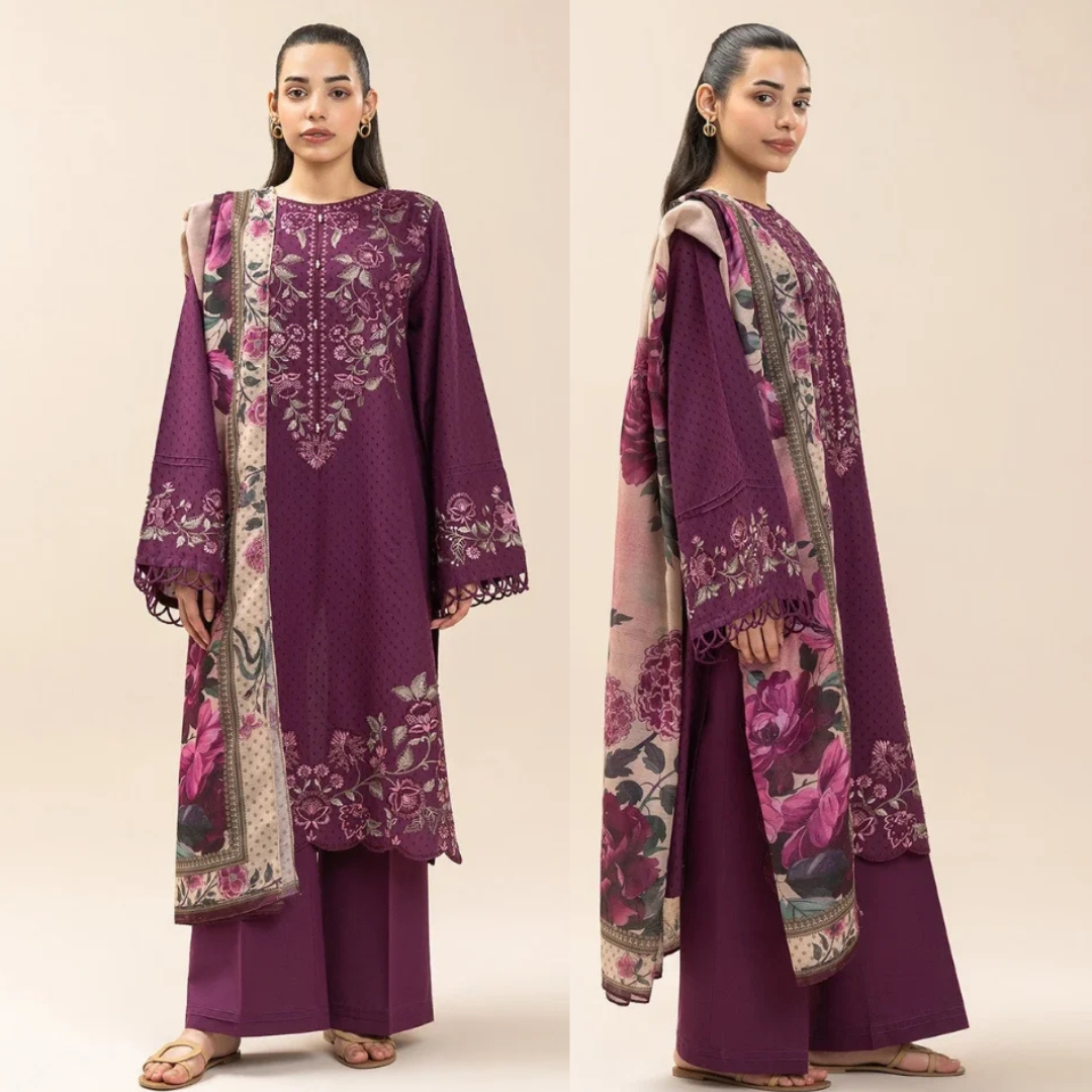 Beechtree - 3PC Dhanak Embroidered Shirt With Chiffon Printed Dupatta and Trouser - Sw1514
