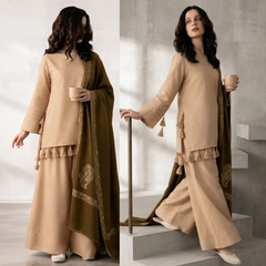 Premium Beige & Olive Green 3-Piece Unstitched Suit with Printed Shawl - Sw1516