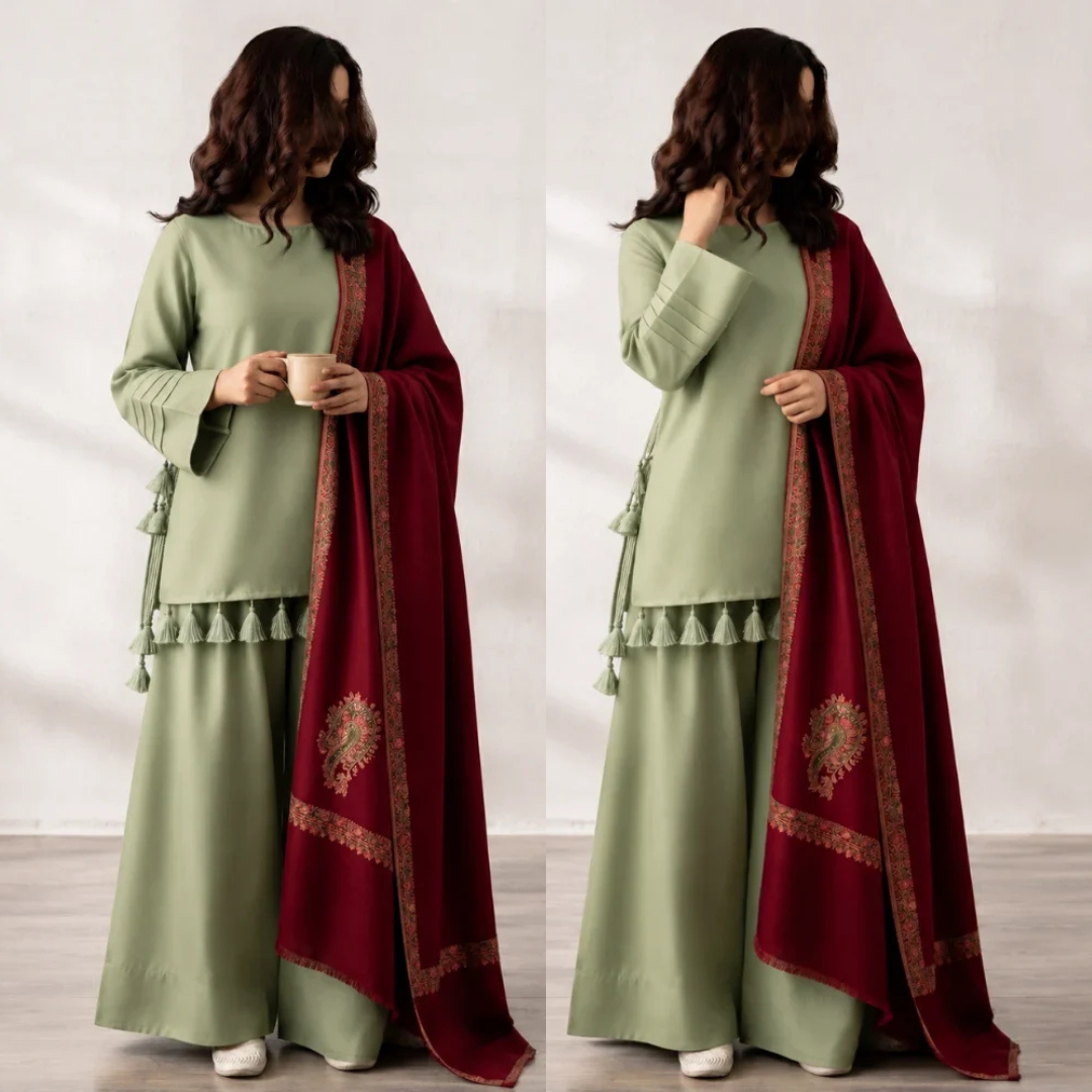 Elegant Sage Green 3-Piece Suit with Maroon Printed Shawl - Sw1517