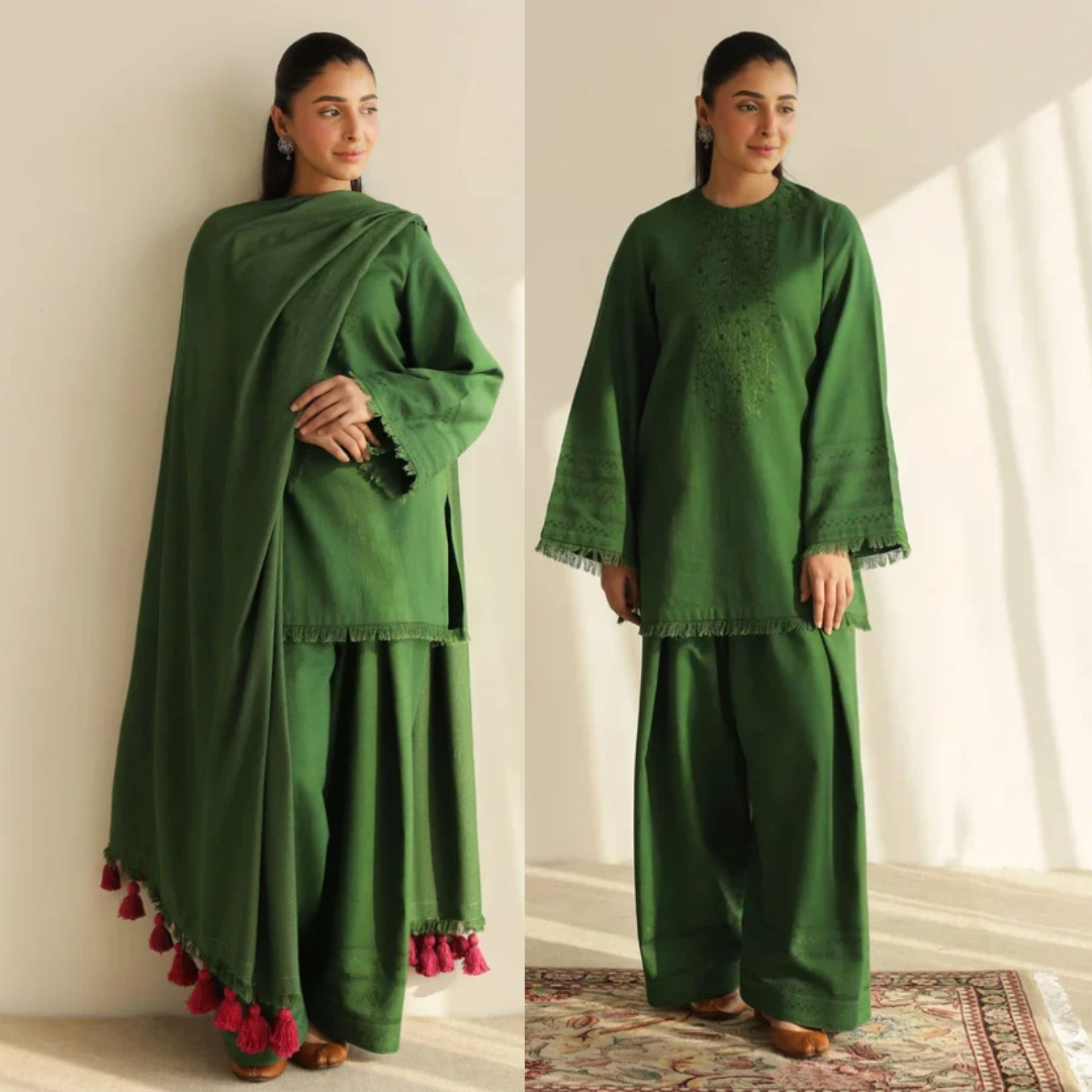 Premium Emerald Green 3-Piece Unstitched Suit with MaTching Shawl - Sw1518