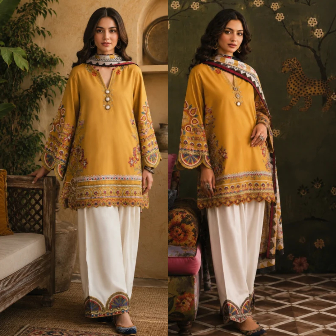 ETHNIC - 03 PCS UNSTITCHED Dhank Embroidered Suit - Sw1538