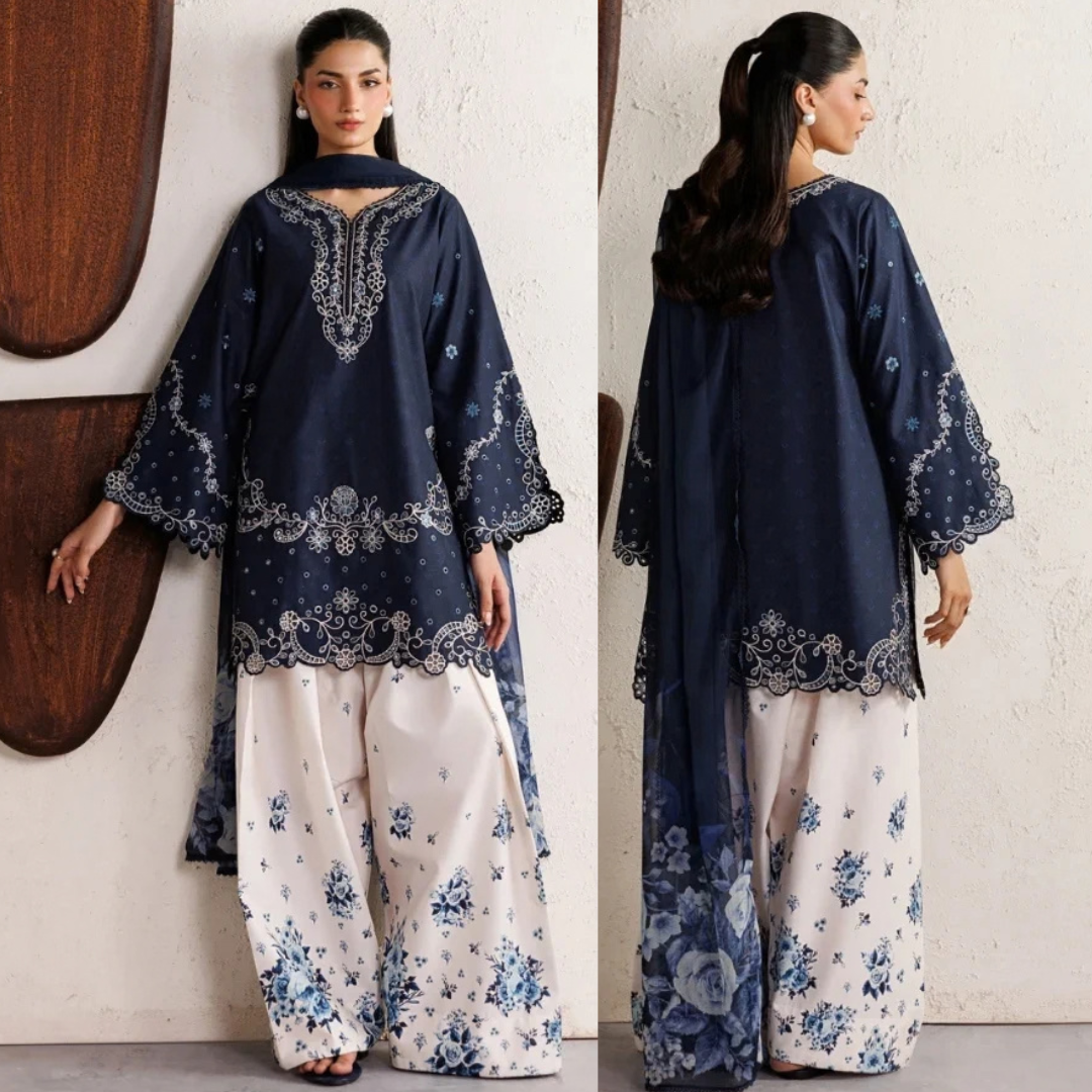 Iznik - 3PC Unstitched Silk Embroidered Shirt with Digital Printed Shawl and Trouser - Sw1546