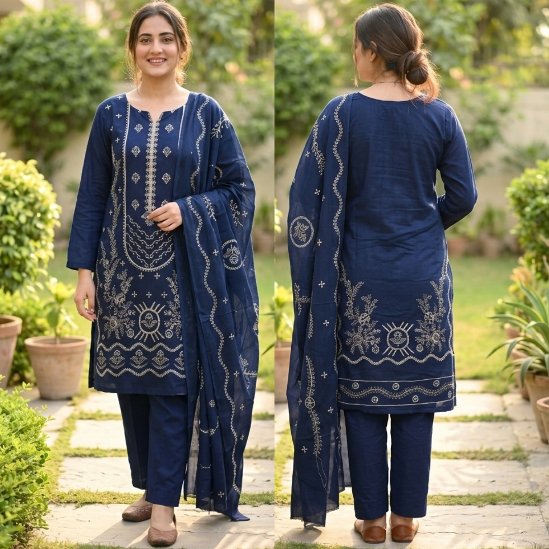 SwagiWear- Winter 3PC Slub Linen Embroidered Suit - Sw1552