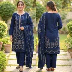 SwagiWear- Winter 3PC Slub Linen Embroidered Suit - Sw1552