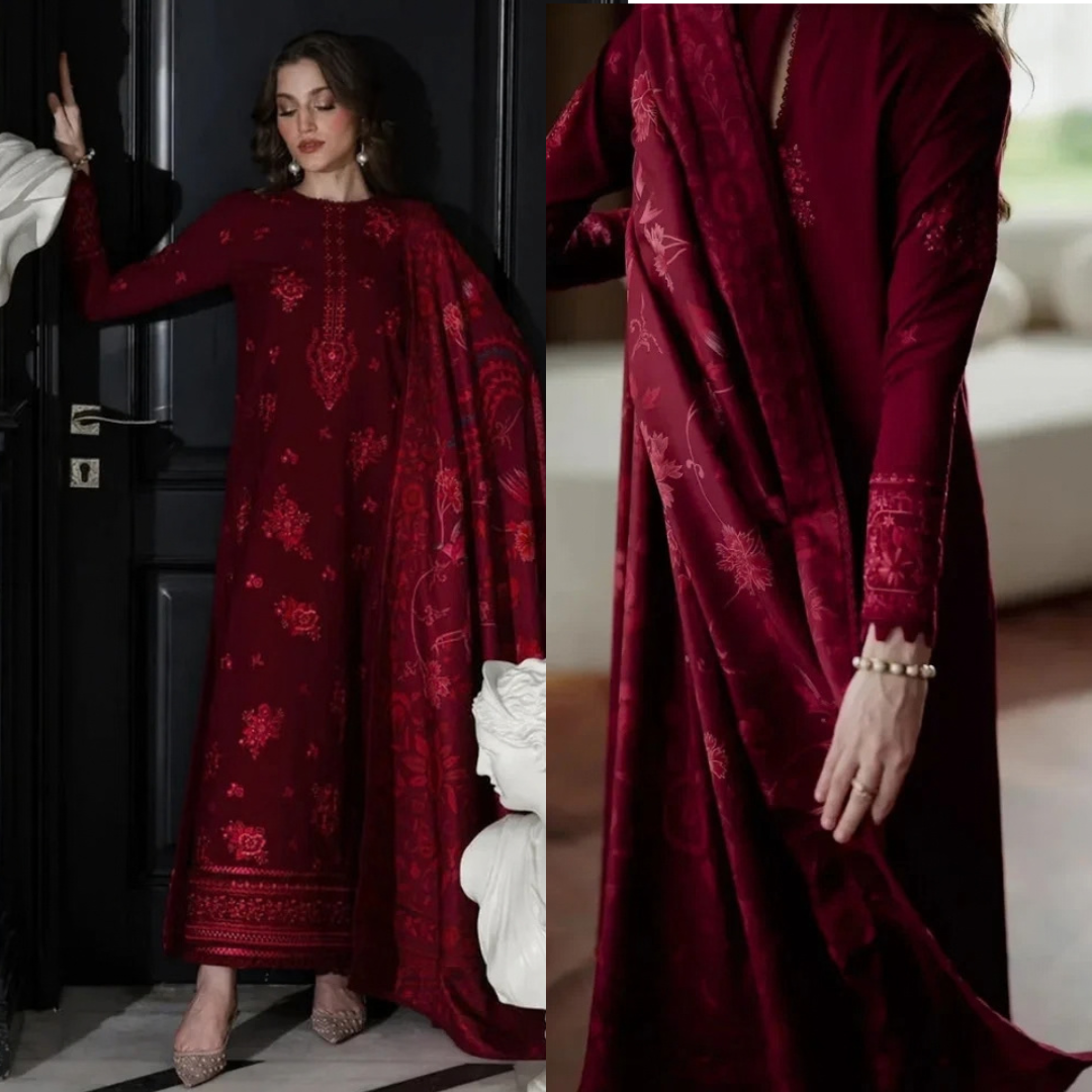 Zaib - 3PC Dhanak Embroidered Shirt With Wool Printed Dupatta and Trouser - Sw1554