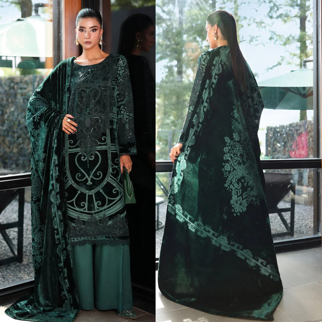 MARIA B - Luxury Velvet with heavy embroidered spangle work Velvet Shawl - Sw998