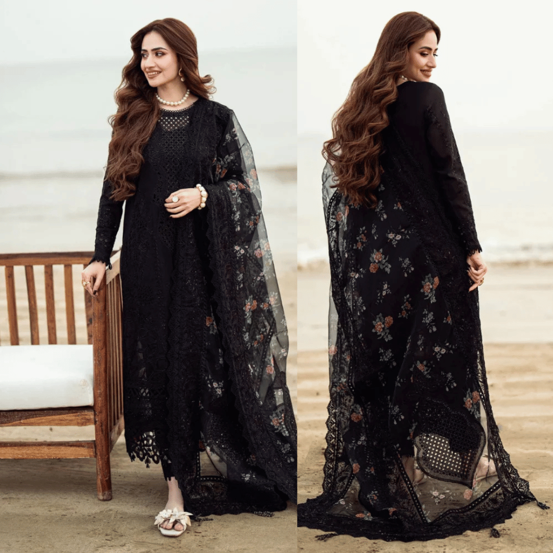 Swagiwear Nureh - 3PC Dhanak ChickenKari Embroidered with Sequence work Suit - 