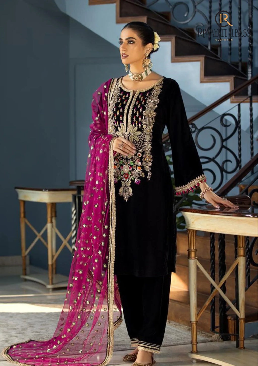 Swagiwear  Winter Unstitched 3PCs Velvet Dress With Embroidered Organza Dupatta