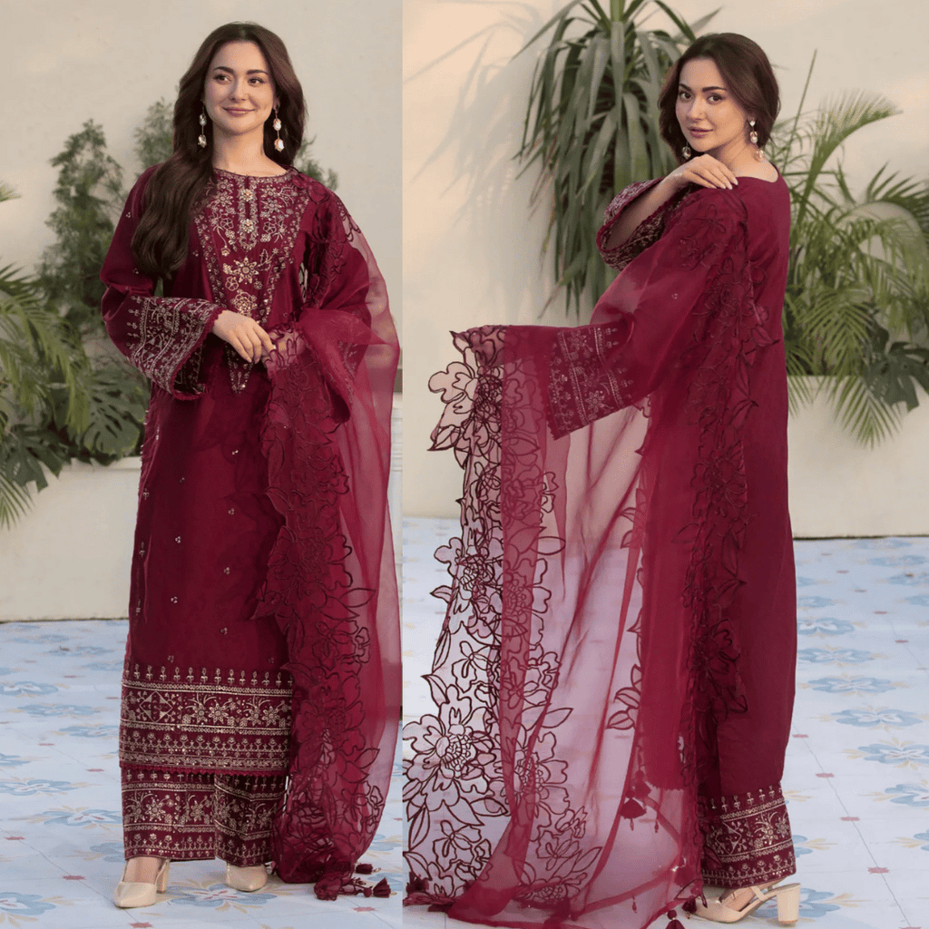 Swagiwear 3PCs Embroidered Lawn Dress With Organza Embroidered Dupatta 