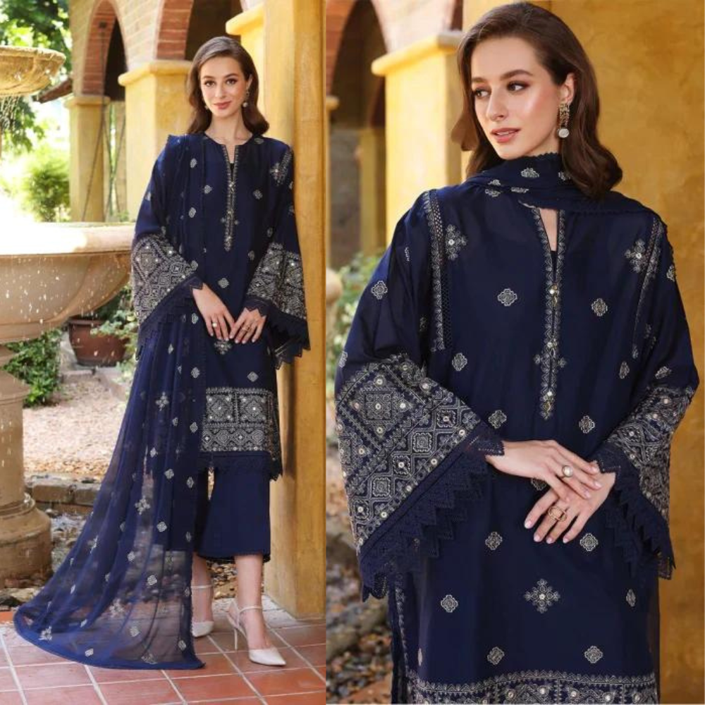 Swagiwear BAREEZE-EMBROIDERED 3PC LAWN DRESS WITH EMBROIDERED CHIFFON DUPATTA . 
