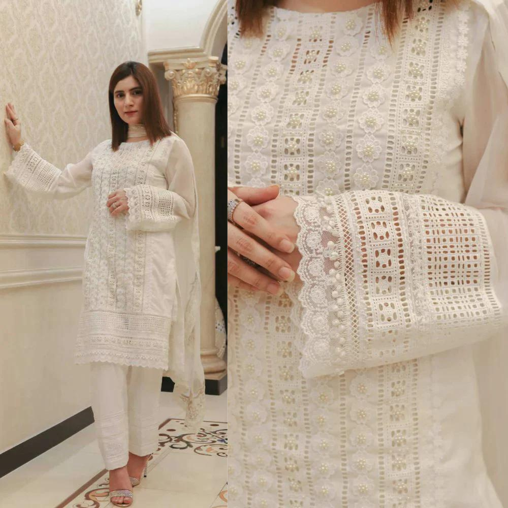 Swagiwear Azra Hameed - 3PC Lawn Chiken Kari Embroidered Shirt with Orrganza Embroidered Dupatta 