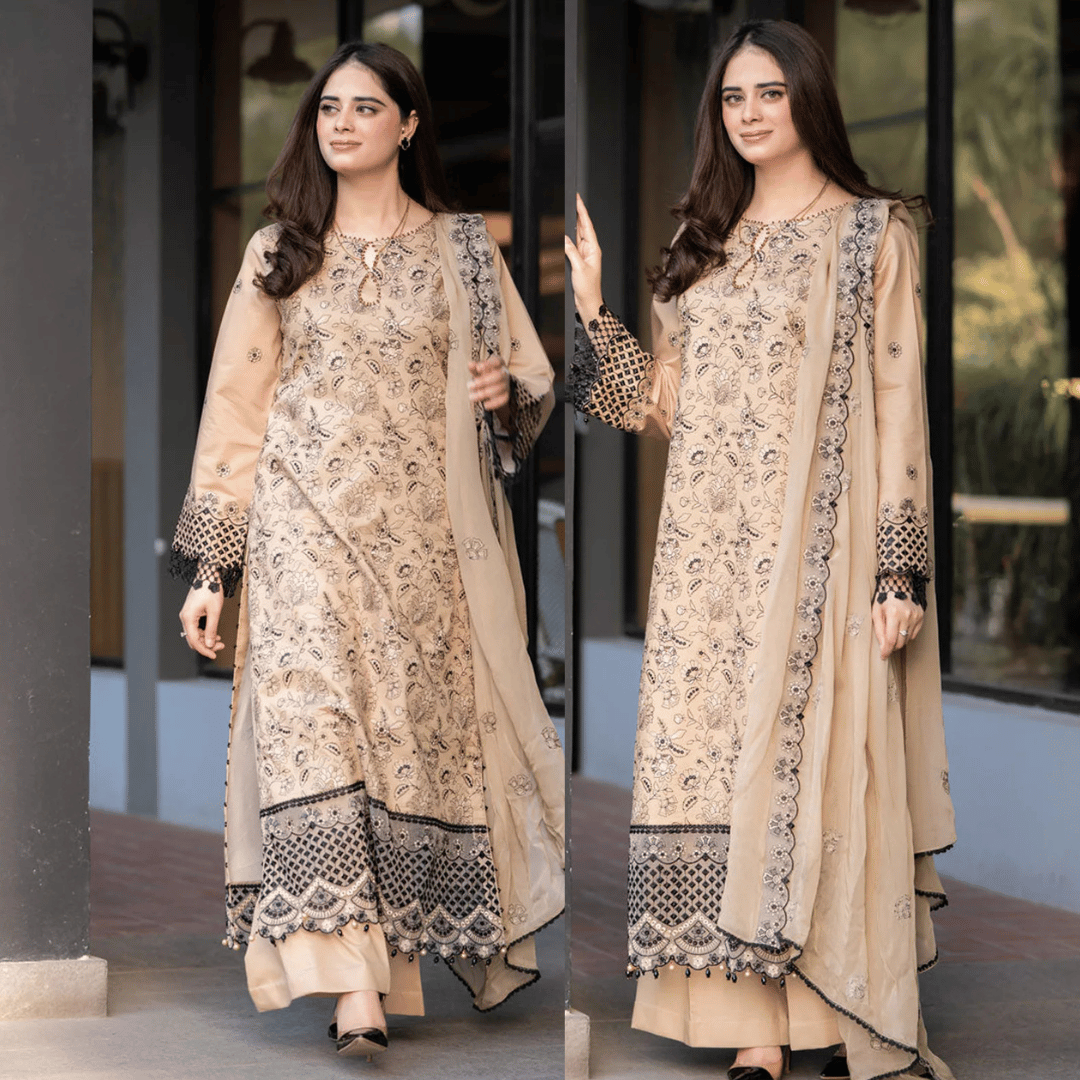 Swagiwear Jade - 3PC Dhanak Chickenkari Embroidered Suit - 