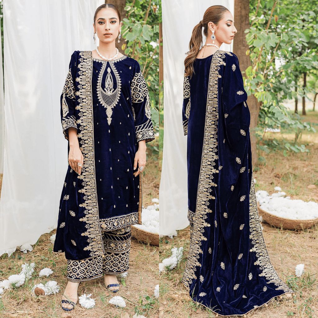 Swagiwear 3PCs Velvet Embroidered Dress With Velvet Embroidered Shawl - 
