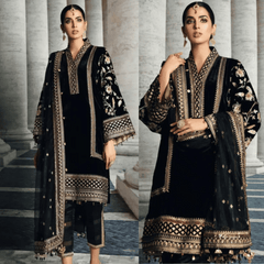 Swagiwear Anaya Velvet Embroidered Dress With Organza Embroidered Shawl - 