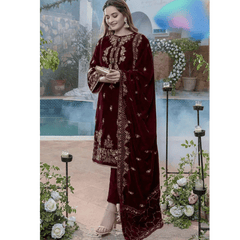 Swagiwear Unstitched Embroidered Velvet 3PCs With Velvet Shawl - 