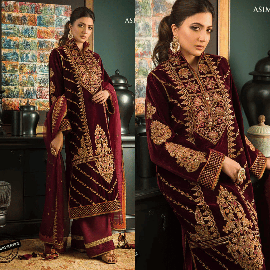 Swagiwear Asim jofa Embroidered Velvet 3piece suit - 