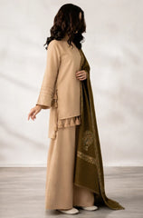 Premium Beige & Olive Green 3-Piece Unstitched Suit with Printed Shawl - Sw1516