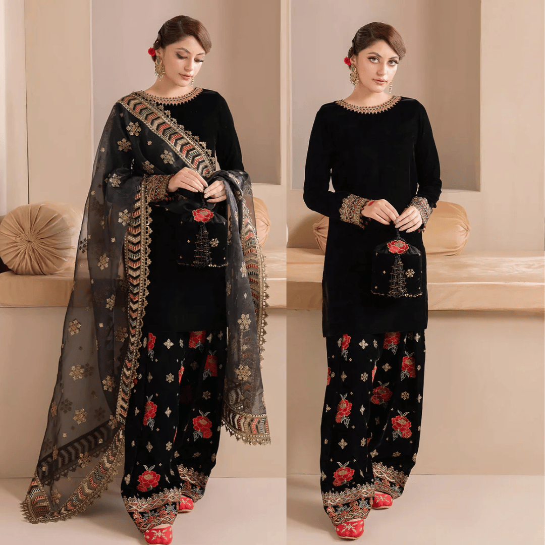 Swagiwear Embroidered Velvet Dress With Organza embroidered Dopata - 