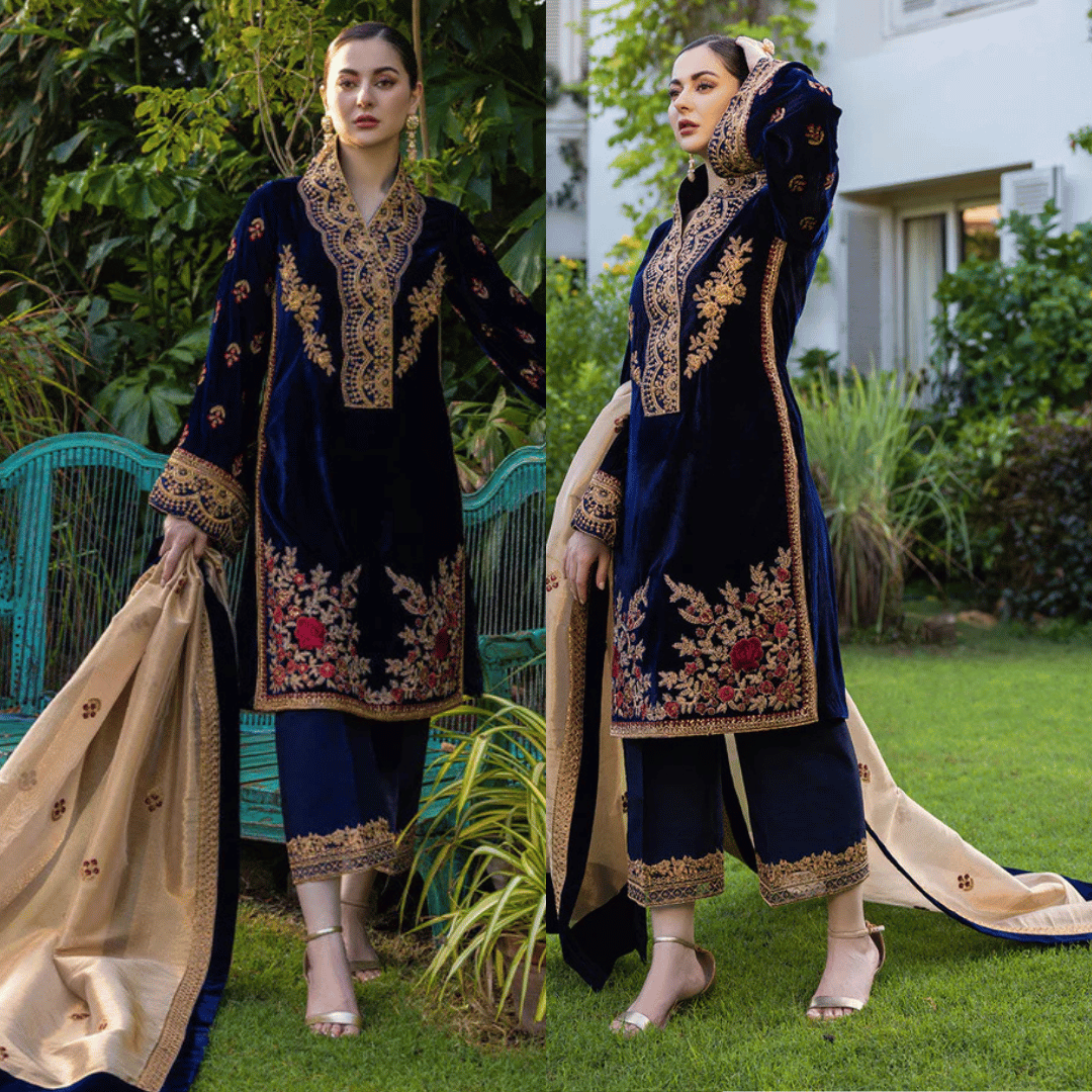 Swagiwear 3-Piece Unstitched Heavy Embroidered Velvet Suit - 