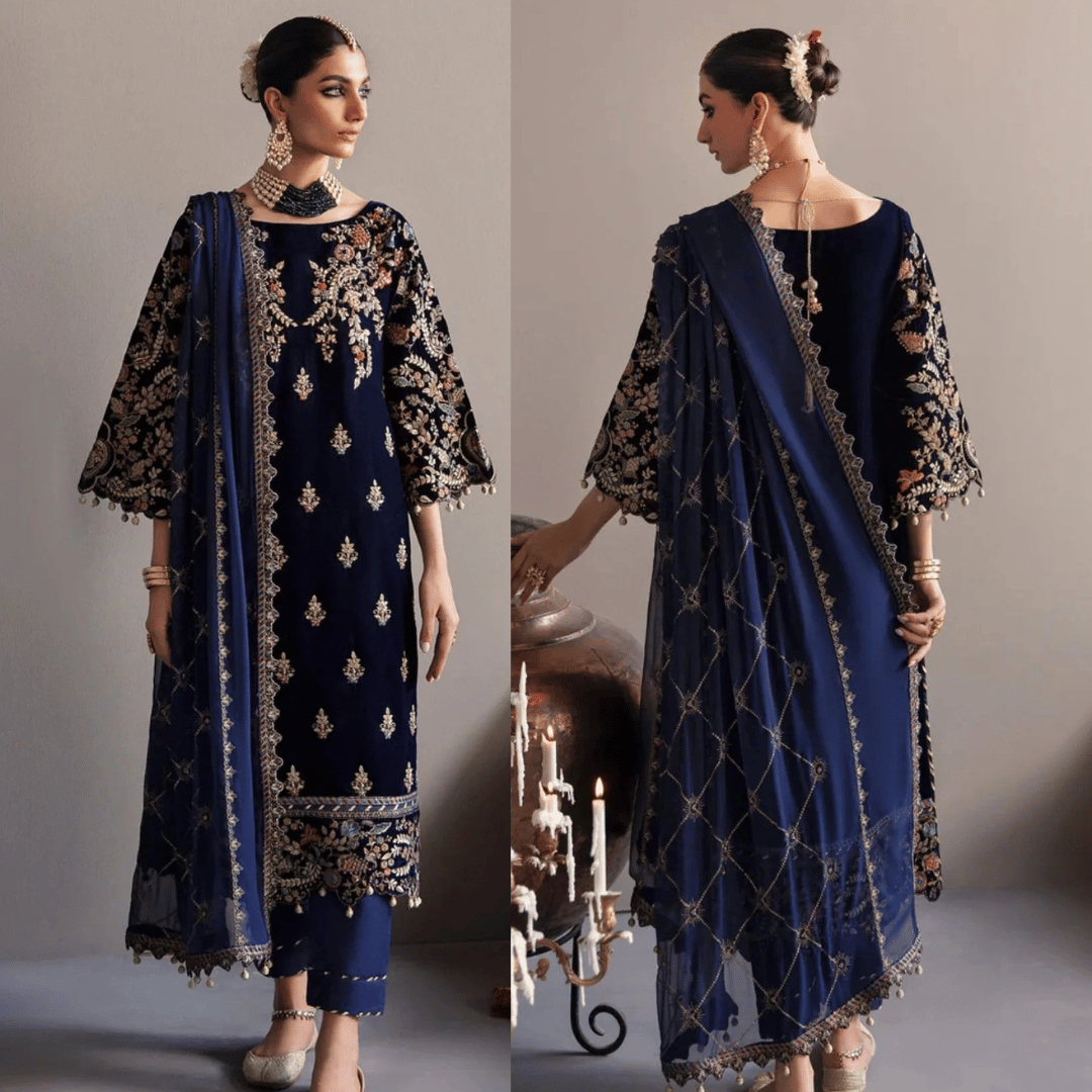 Swagiwear 3-Piece Unstitched Heavy Embroidered Velvet Suit - 