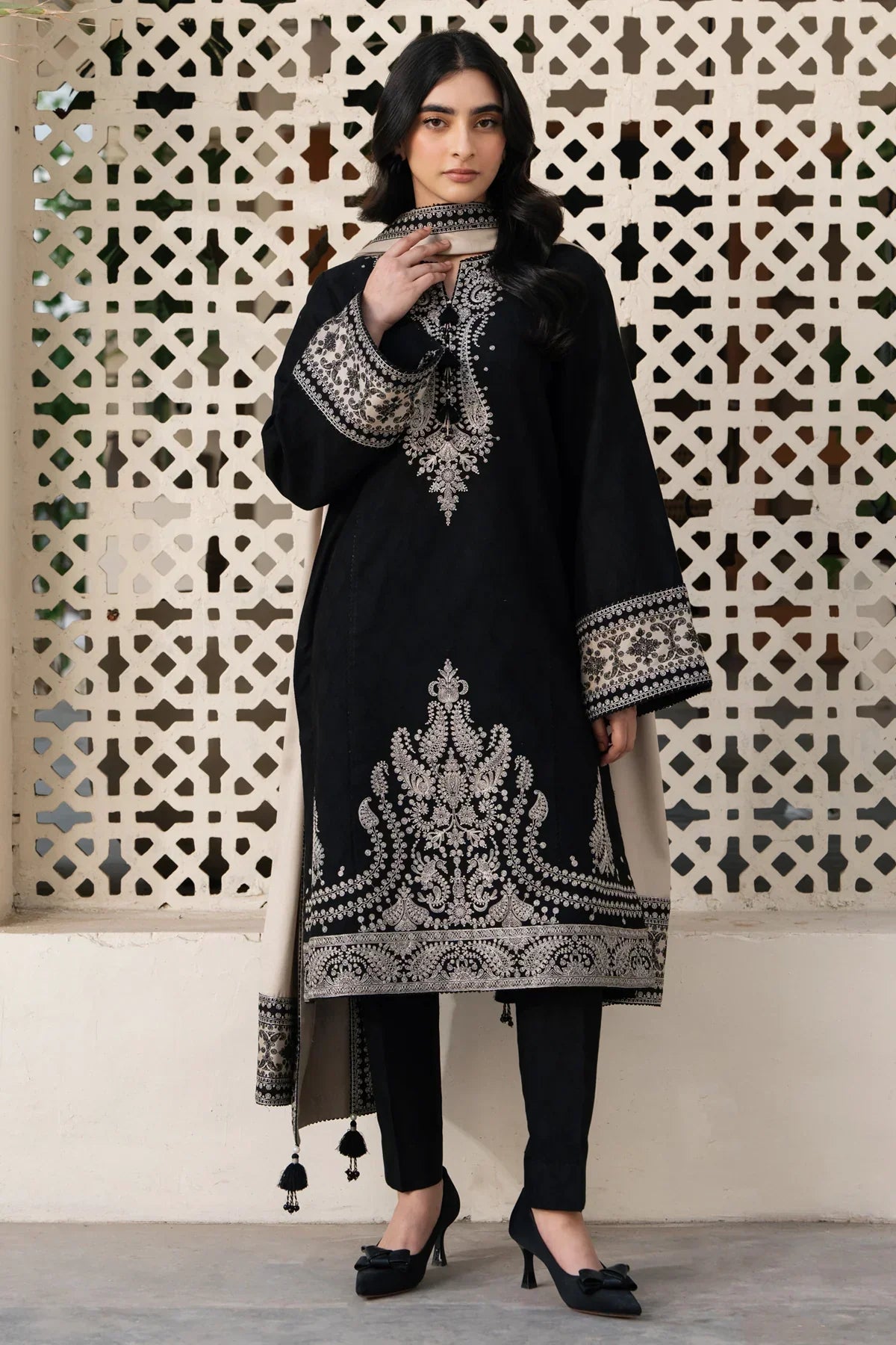 Swagiwear JAZMIN - 3PC DHANAK EMBROIDERED SHIRT WITH DHANAK EMBROIDERED SHAWL AND TROUSER - 