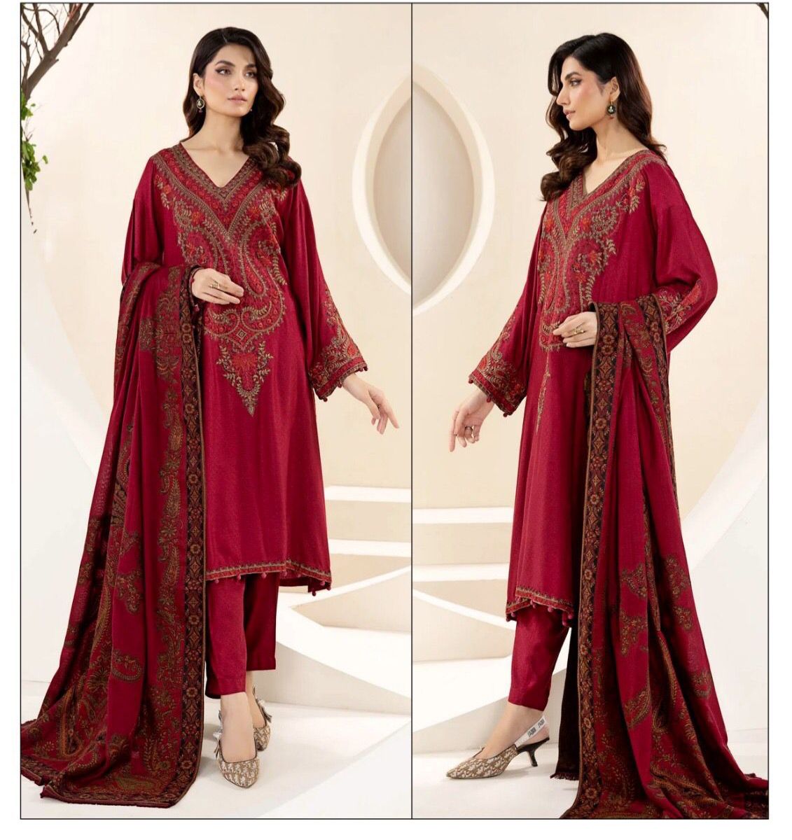 Swagiwear /2 3PC Khaddar Embroidered Suit with Printed Wool Shawl