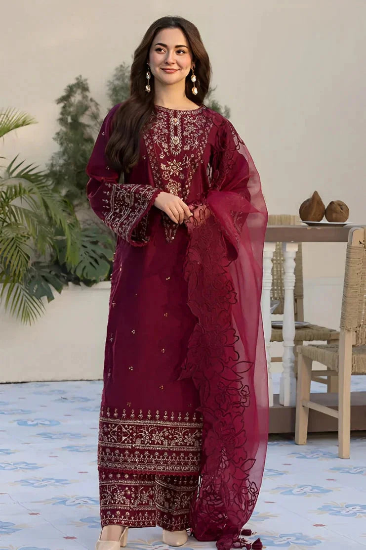 Swagiwear Velvet 3-Piece Dress with Embroidered Organza Dupatta - 