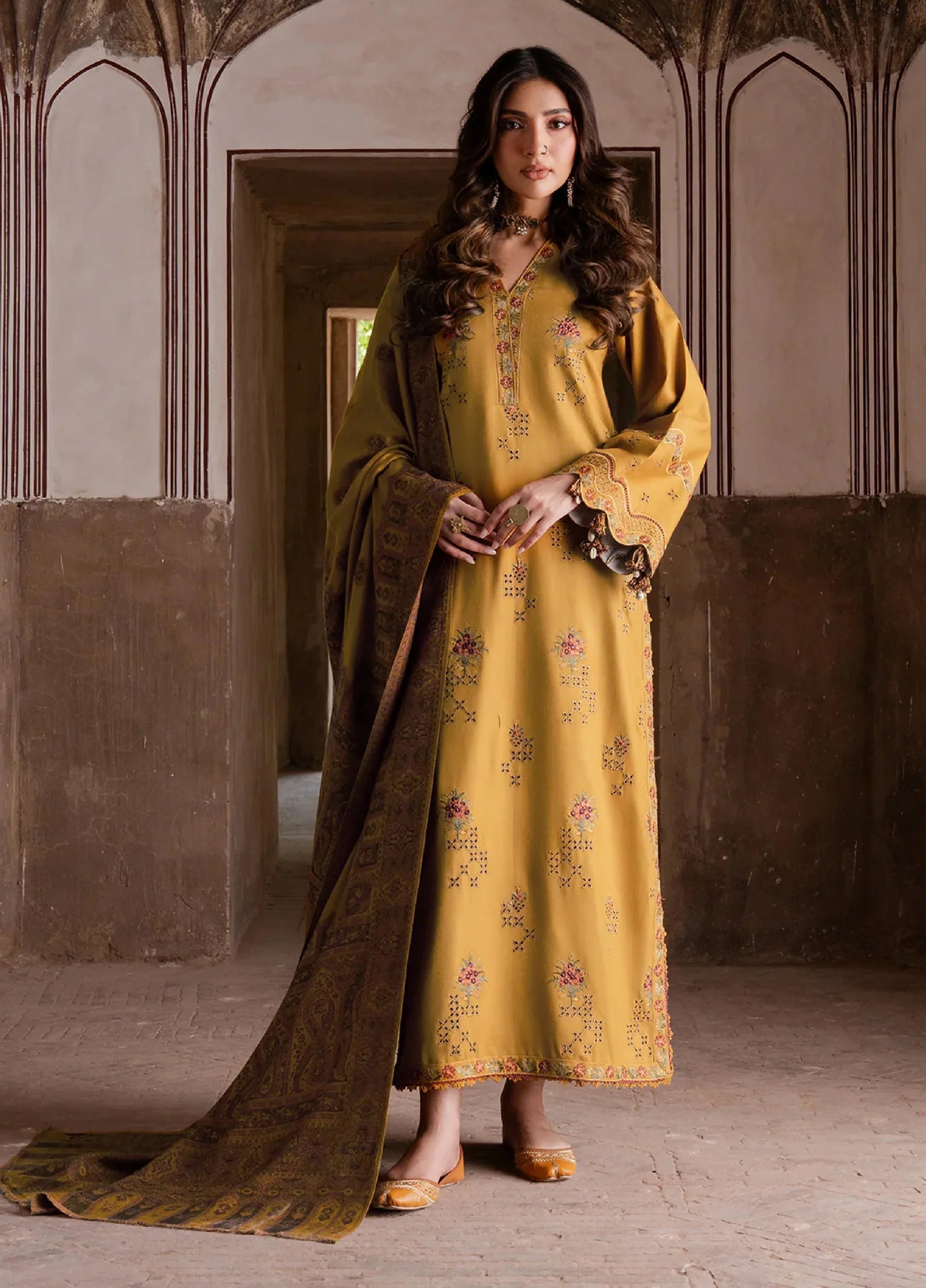 Swagiwear IZEL-3PC DHANAK EMBROIDERED SHIRT WITH COURTRAI WOOL PRINT SHAWL - 
