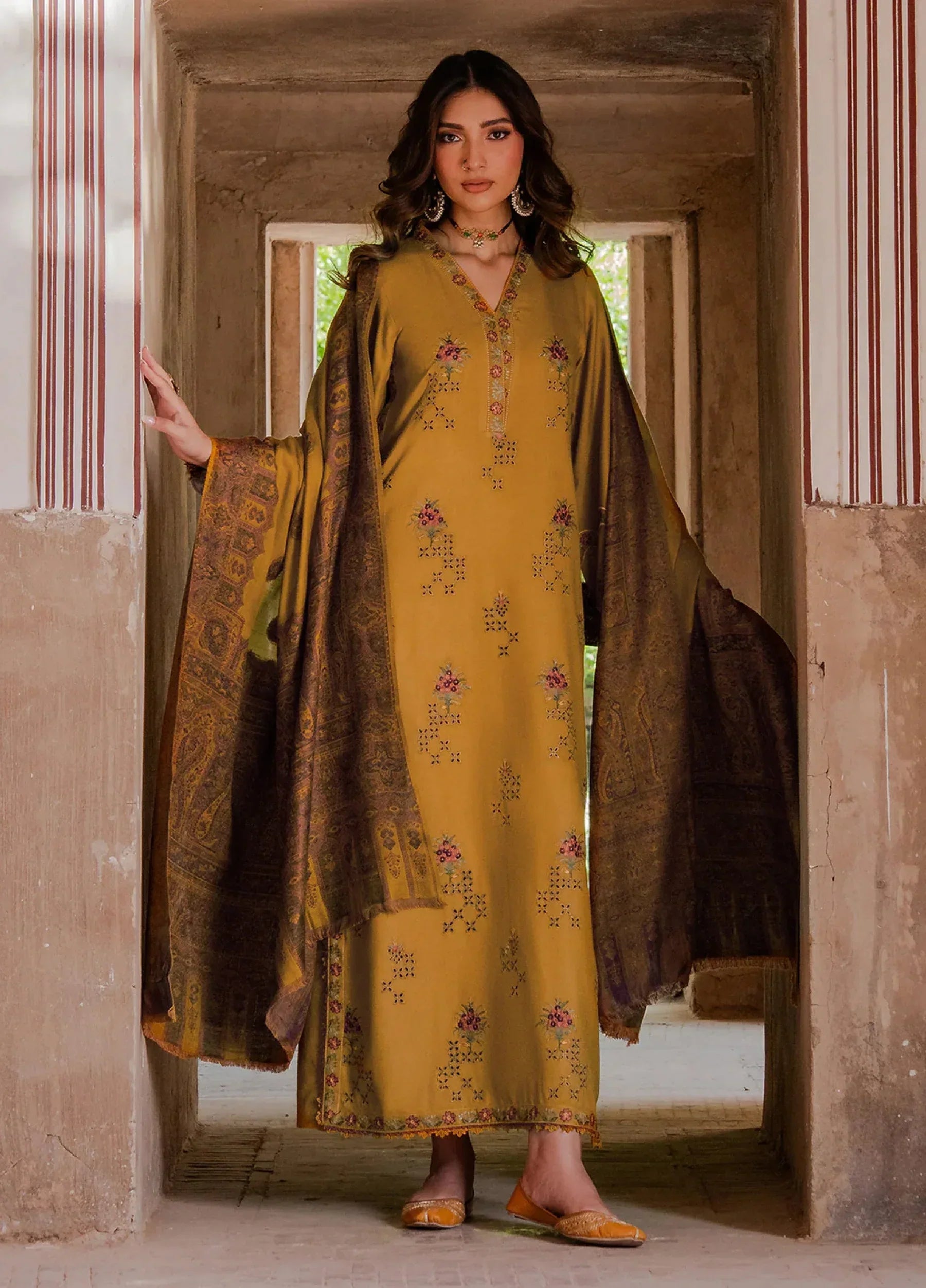 Swagiwear IZEL-3PC DHANAK EMBROIDERED SHIRT WITH COURTRAI WOOL PRINT SHAWL - 
