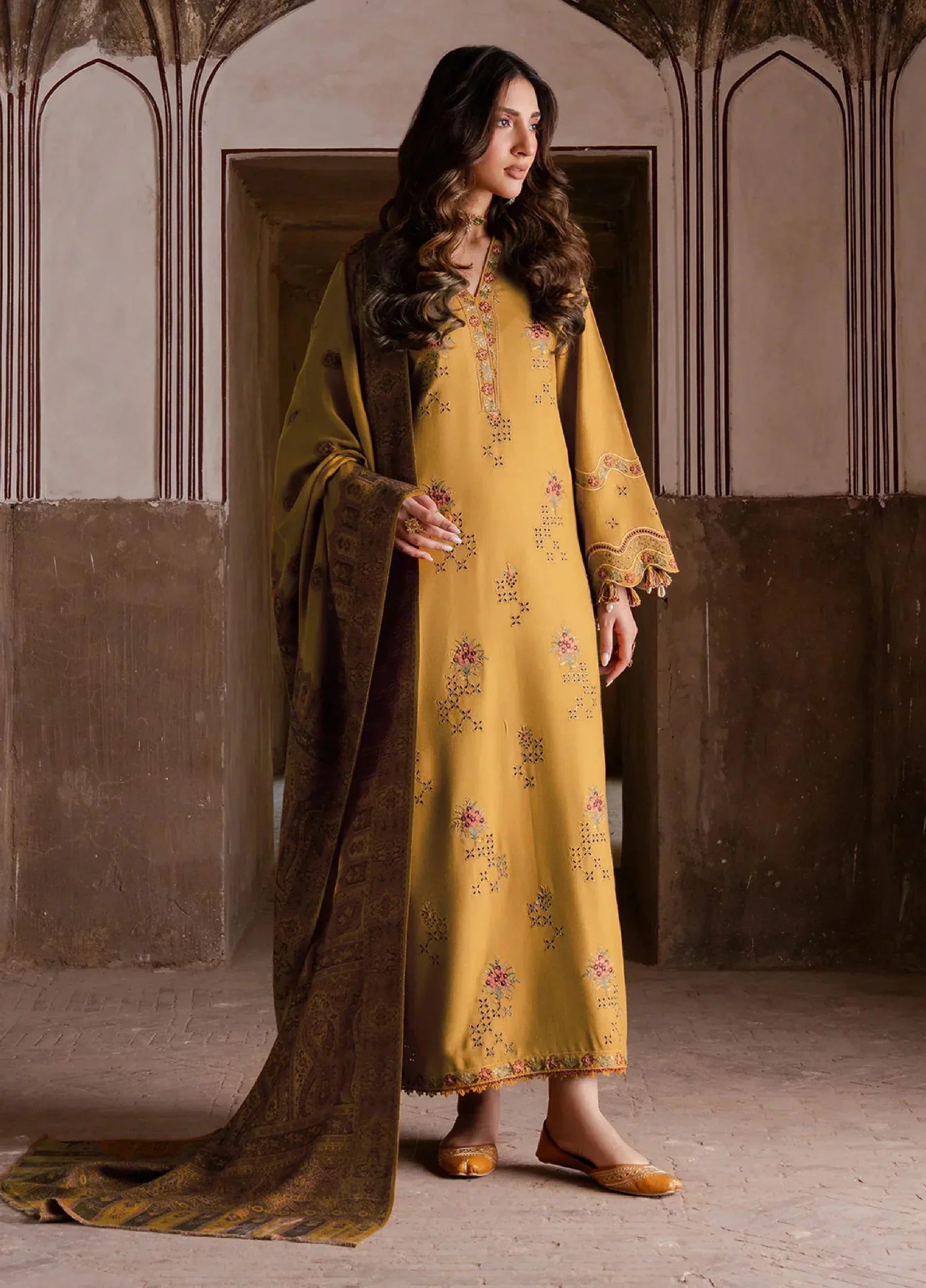 Swagiwear IZEL-3PC DHANAK EMBROIDERED SHIRT WITH COURTRAI WOOL PRINT SHAWL - 