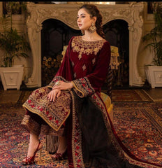Swagiwear  3PC Velvet Heavy Embroidered Shirt With Organza Heavy Embroidered Dupatta