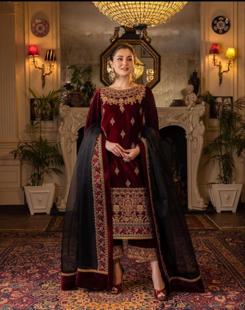 Swagiwear  3PC Velvet Heavy Embroidered Shirt With Organza Heavy Embroidered Dupatta