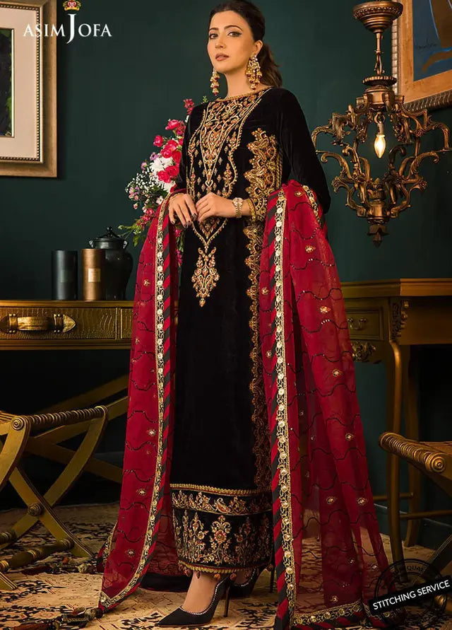 Swagiwear Asim jofa Embroidered Velvet 3piece suit - 