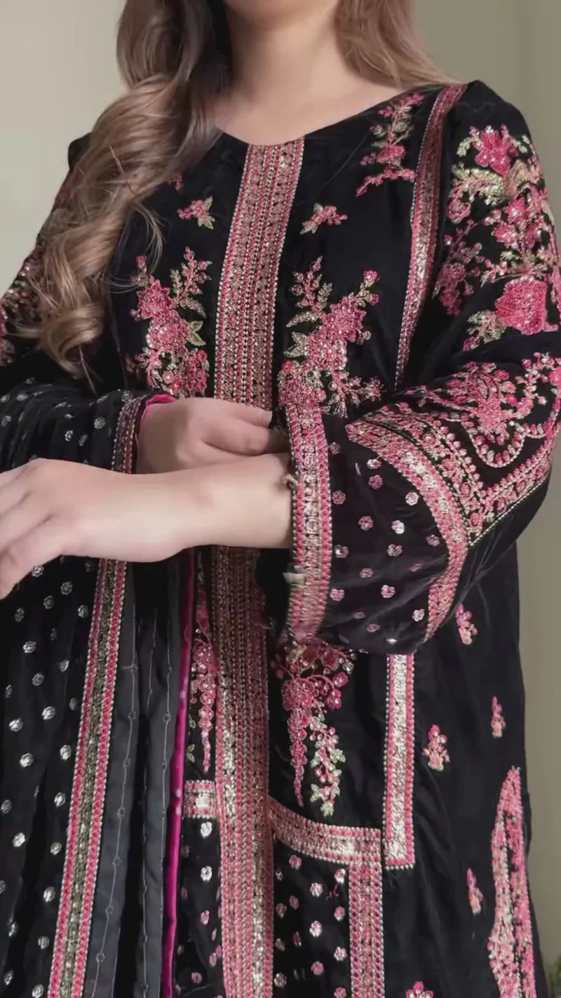 Swagiwear Maria B - Velvet Dress with Embroidered Dupatta - 