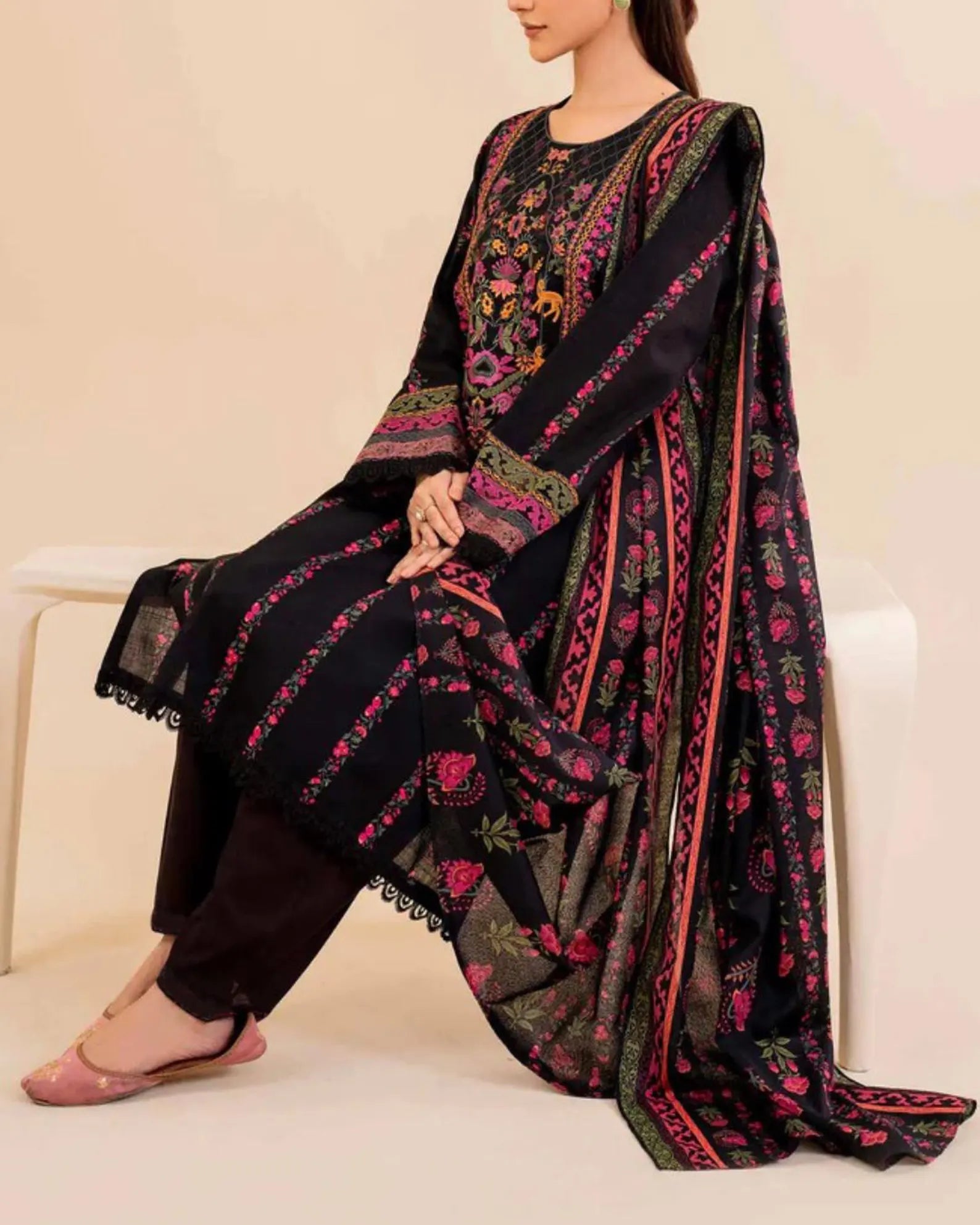 Swagiwear Khaddar 3 Piece Embroidered Dress - 
