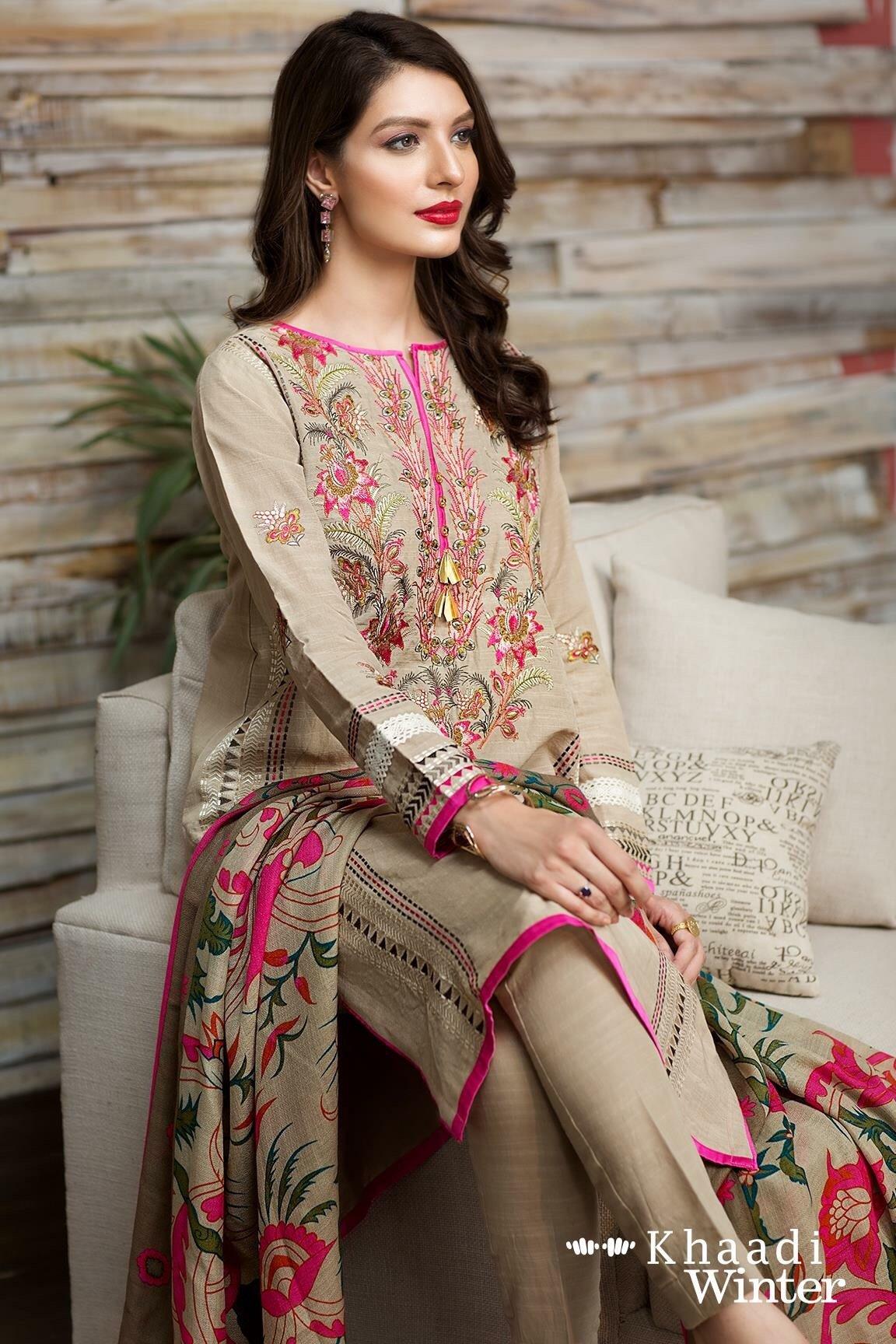 Swagiwear  Khaadi Pink-Embroided 3PC Dhank  Dress with wool shawl