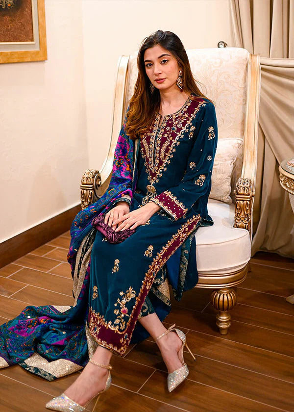 Swagiwear Swagiwear - Embroidered Velvet Dress with Wool Shawl - 