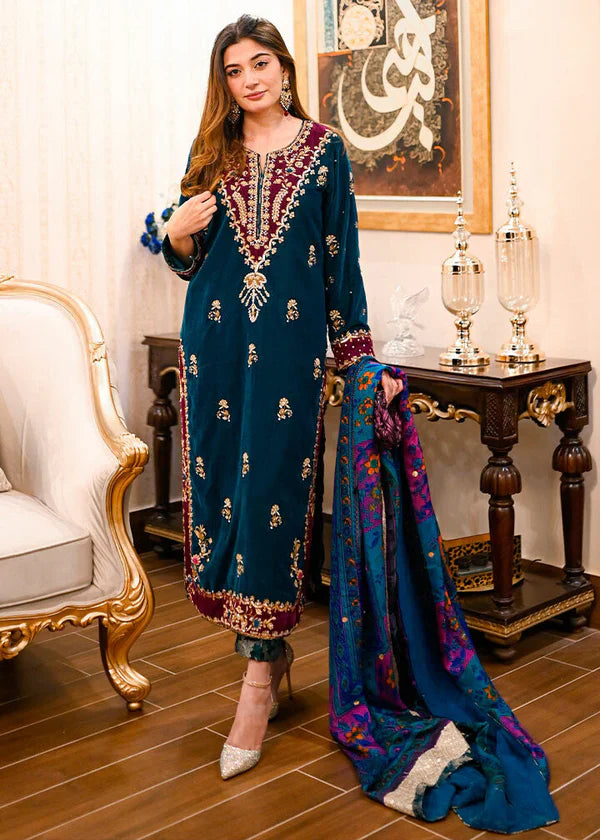 Swagiwear Swagiwear - Embroidered Velvet Dress with Wool Shawl - 
