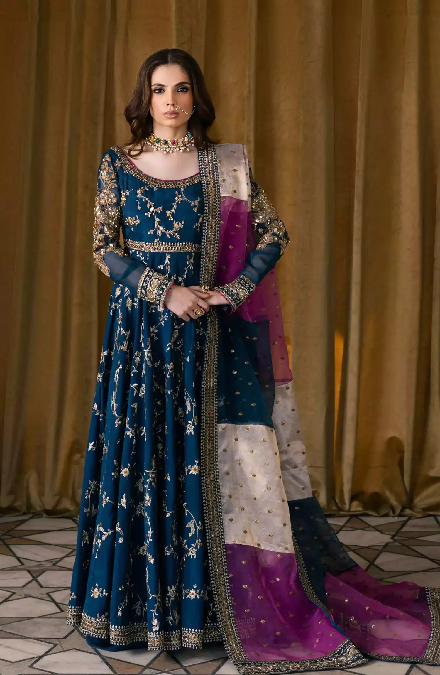 Swagiwear Maryum N Maria 3 piece kataan silk frock style embroidered suit - 
