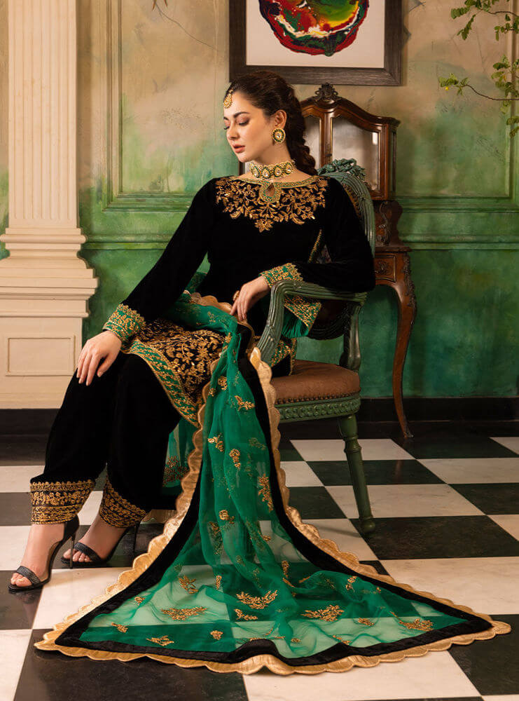 Swagiwear  3-Piece Unstitched Heavy Embroidered Velvet Suit ( Four Sided Embroidered Organza Dupatta