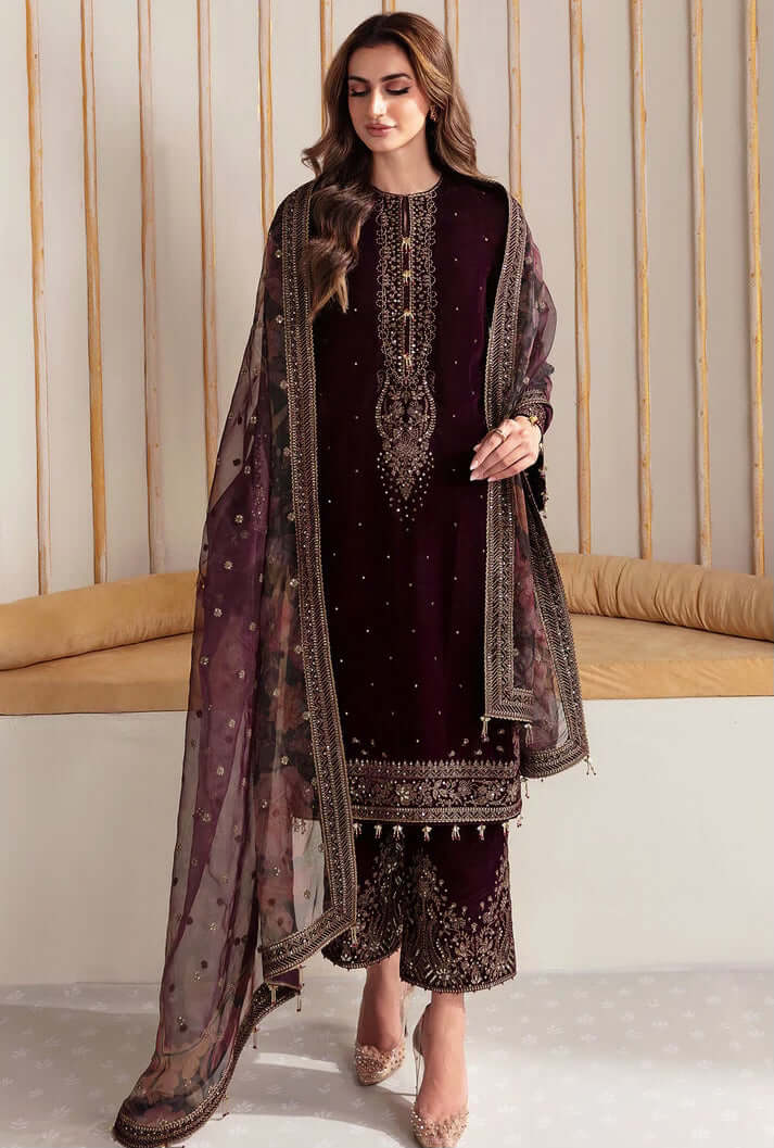 Swagiwear  Winter Unstitched 3PCs Velvet Embroidered Dress With Embroidered Organza Dupatta