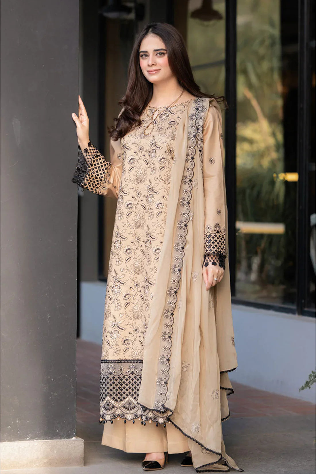 Swagiwear Jade - 3PC Dhanak Chickenkari Embroidered Suit - 