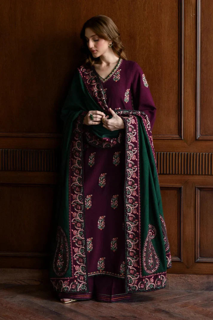 Swagiwear JAZMIN - 3PC DHANAK EMBROIDERED SHIRT WITH DHANAK EMBROIDERED SHAWL AND TROUSER - 