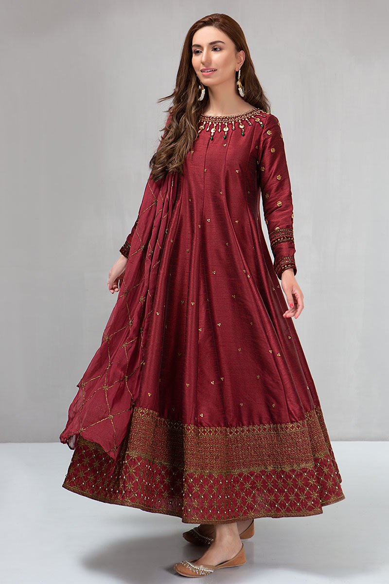 Swagiwear Maria B, unstiched 3 piece kataan silk frock style embroidered suit. 