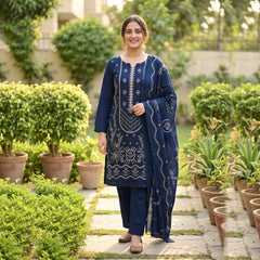 SwagiWear- Winter 3PC Slub Linen Embroidered Suit - Sw1552