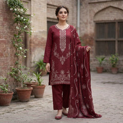 SwagiWear- Winter 3PC Slub Linen Embroidered Suit - Sw1553